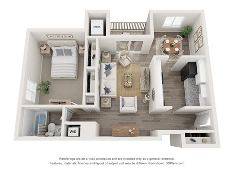 Floor plan for 1 bed, 1 bath, 836 sqft
